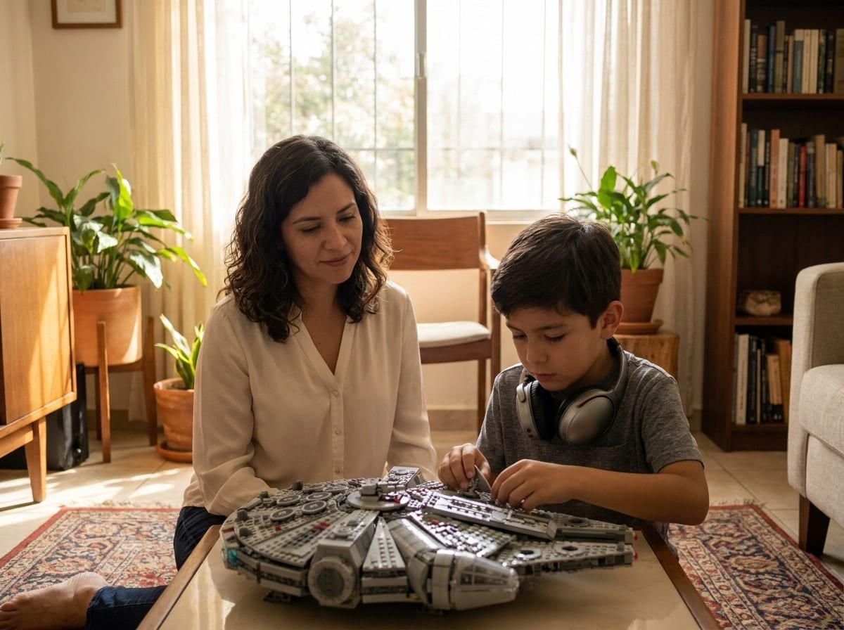 Madre mexicana acompañando a su hijo neurodivergente en un momento cotidiano de juego en casa