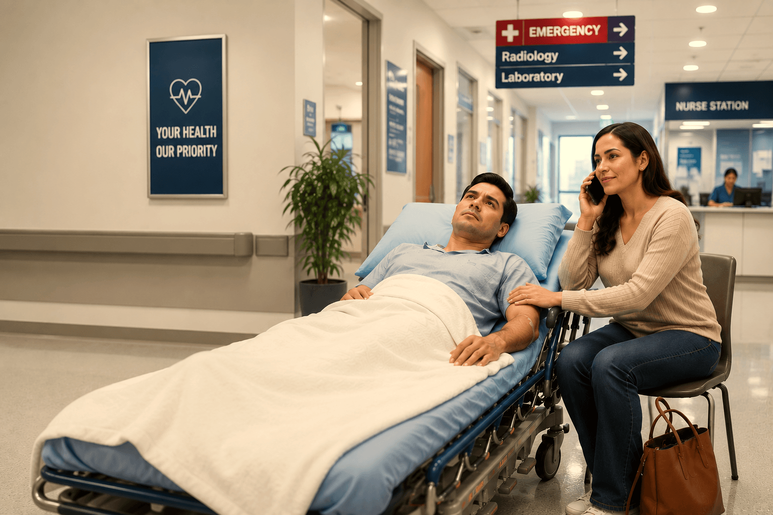 Pareja mexicana en el pasillo de urgencias de un hospital en el extranjero — él estable en la camilla, ella llamando a la aseguradora