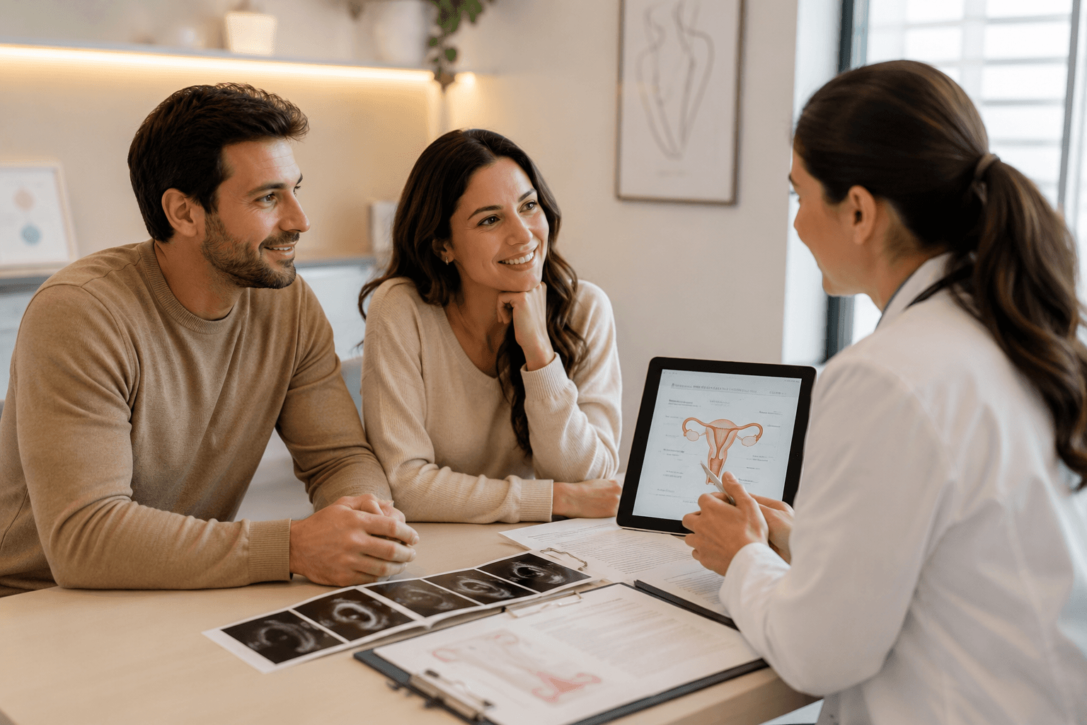 Una pareja escucha a su doctora, que les explica algo en una tableta mientras varios ultrasonidos descansan sobre el escritorio del consultorio
